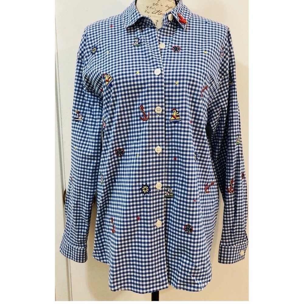 Teddi Blue Gingham Nautical Embroidered Button Down Shirt‎ Top XL